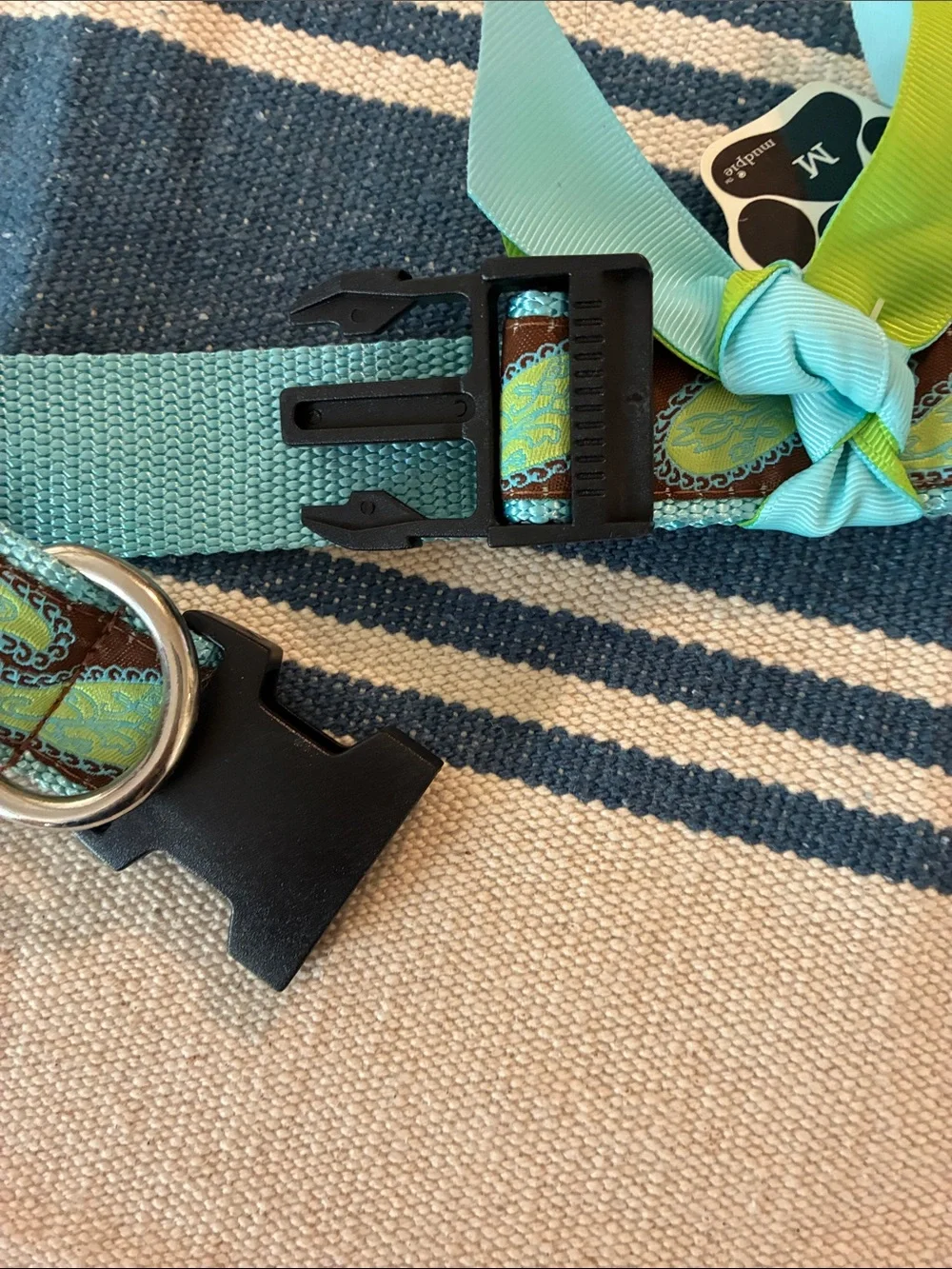 Mud Pie Turquoise and Brown Paisley Dog Collar with Green Bow Accent